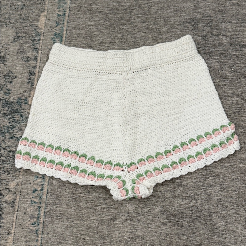 Lovers + Friends White Crochet High-Waist Shorts with Pink & Green Trim